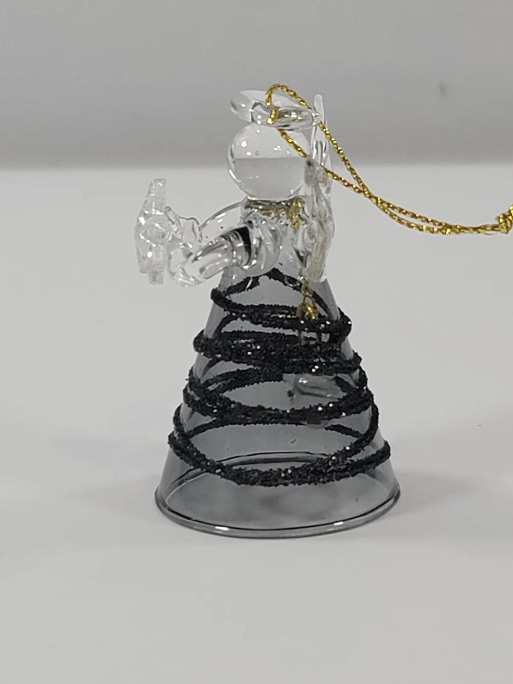 Glass Angel Bell Miniature Black Glitter Spiral Ornament